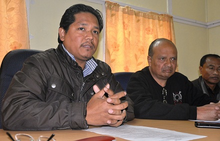 NPP leader Conrad Sangma addressing reporters on Thursday. TM pix